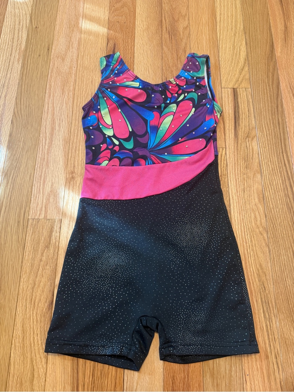 Girls Colorful Floral-Print Leotard with Pink Waistband